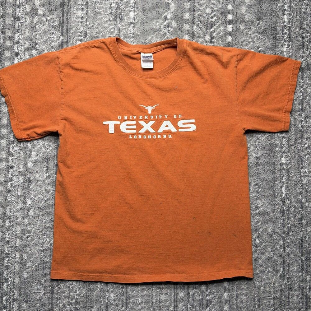 VTG Texas Longhorns T Shirt Mens Large Orange Cotton Spell Out NCAA Applique